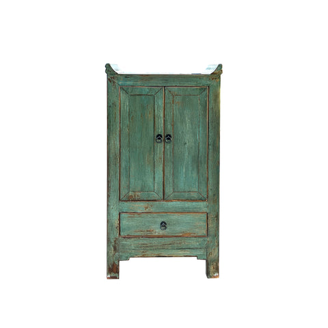 Distressed Sage Green Slim Narrow Point Edge Side Table Credenza Cabinet ws4391S