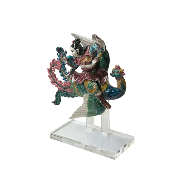 Chinese Vintage Color Ceramic Warrior Riding Phoenix Figure Display Art ws3991S