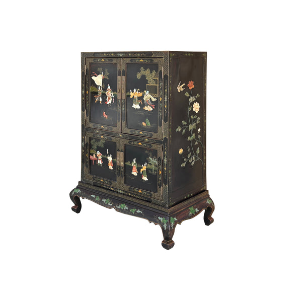 Vintage Chinoiseries Black & Stone Inlay Graphic Credenza Storage Cabinet ws3989S