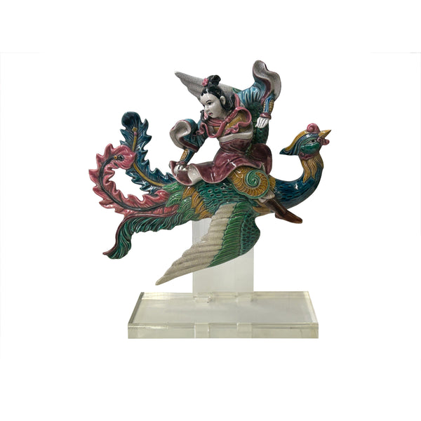Chinese Vintage Color Ceramic Warrior Riding Phoenix Figure Display Art ws3991S
