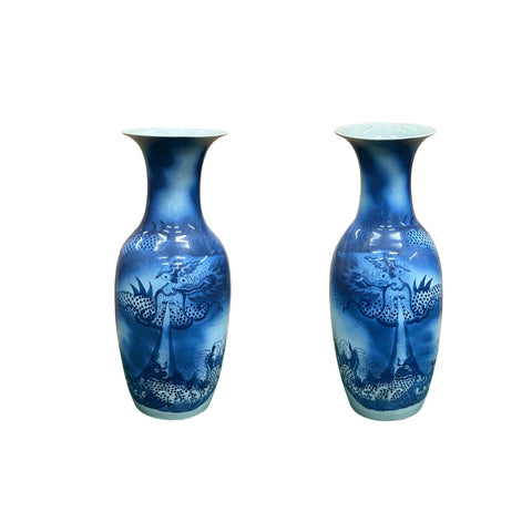 Pair Deep Blue Dragon Koi Fish Graphic Tall Porcelain Art Vases ws4894PS