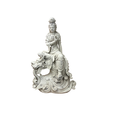 Chinese Handcrafted GuanYin Bodhisattva on Dragon White Porcelain Statue GB017S
