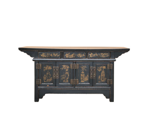 Chinese Black Brown Golden Graphic Low Sideboard Console Table Cabinet GB029S