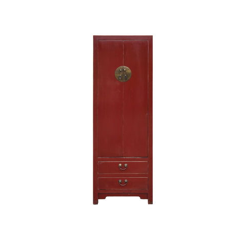 Oriental Slim Red Lacquer Moon Face Narrow Tall Storage Cabinet GB038S