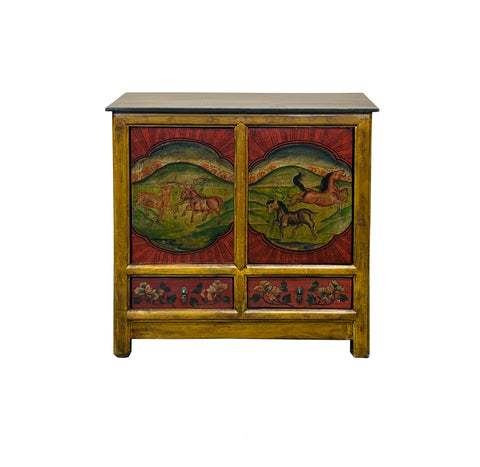 Multi-color Tibetan Horses Deer Motif Credenza Table Cabinet GB047S