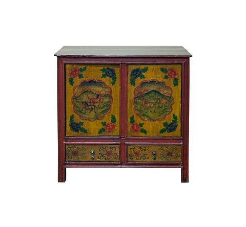 Multi-color Tibetan Horses Deer Motif Credenza Table Cabinet GB048S