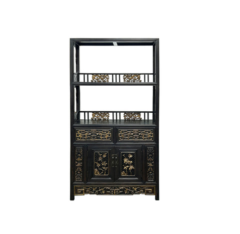 Vintage Brown Oriental Golden Relief Motif Display Curio Cabinet Bookcase GB049S
