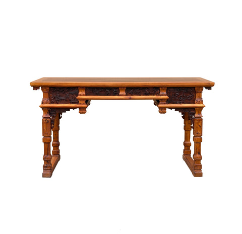 Vintage Two Brown Wood Tone Relief Carving Motif Oriental Console Altar Table GB050S