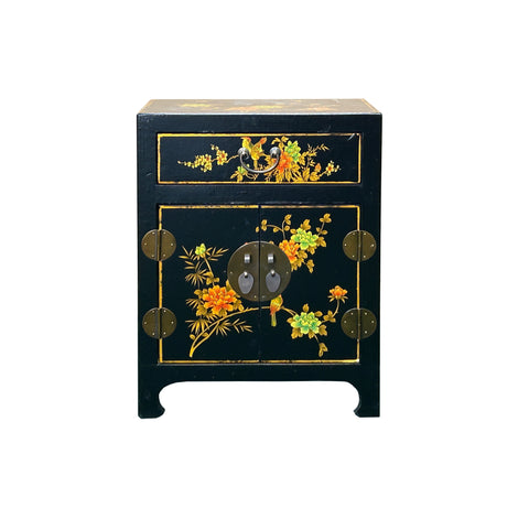 Chinese Black Vinyl Moon Face Flower Birds End Table Nightstand GB062S