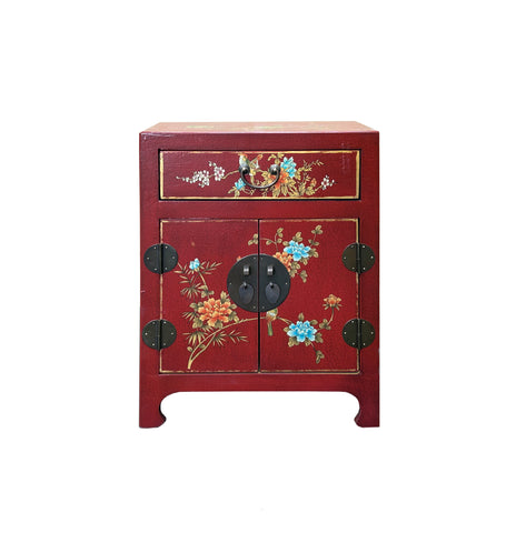 Chinese Red Vinyl Moon Face Flower Birds End Table Nightstand GB063S