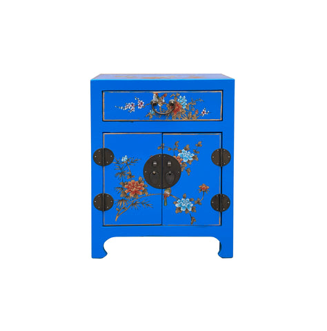 Chinese Bright Blue Vinyl Moon Face Flower Birds End Table Nightstand GB064S
