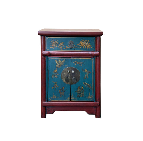 Oriental Red Blue Doors Golden Butterflies Fishes Graphic End Table Nightstand GB065S
