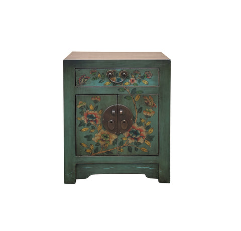 Oriental Distressed Teal Green Flowers Graphic End Table Nightstand GB067S