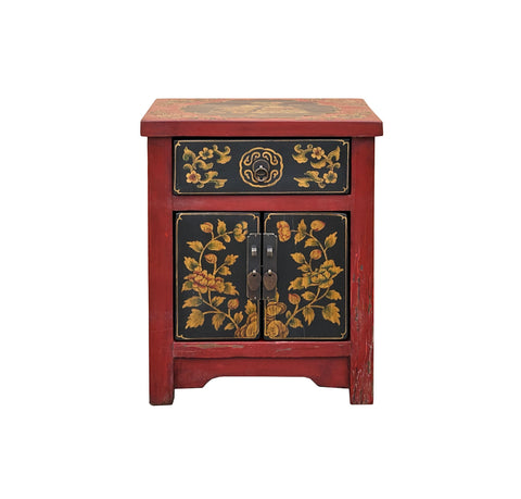 Oriental Red Black Doors Golden Flowers Graphic End Table Nightstand GB069S