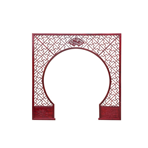 Chinese Reddish Brown Flower Ducks Geometric Round Arch Wood Room Divider GB100S