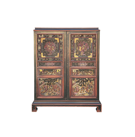 Vintage Oriental Black Red Gold Scenery Carving Storage Cabinet GB101S