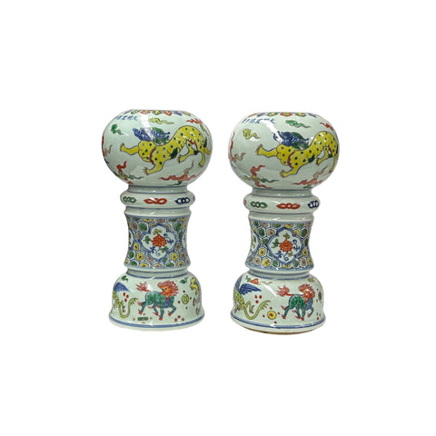Pair Vintage Chinese WuCai Mythical Graphic Porcelain Candle Holder Vase Art JK287S
