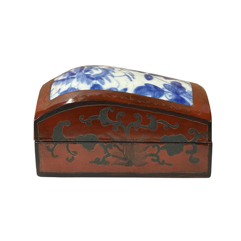 Chinese Old White Base Blue Flowers Porcelain Art Lacquer Box ws3879S