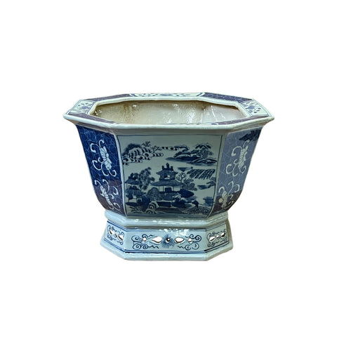 oriental blue white porcelain planter - asian scenery graphic planter