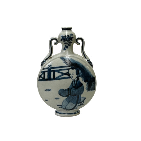 chinese porcelain vase - round flat flask shape vase - blue white graphic porcelain vase