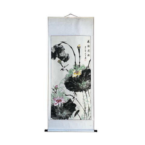 chinese color ink brush scroll painting - lotus flower leaves pond wall painting