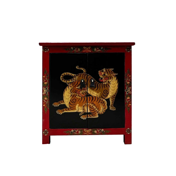 Tibetan Oriental Black Red Double Tigers End Table Nightstand cs7589S Tibetan Oriental Black Red Double Tigers End Table Nightstand cs7589S