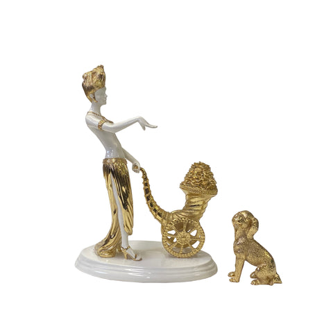 Gold White Coin Cart Lady w Poodle Fiber Glass Decor Figure ws3267S