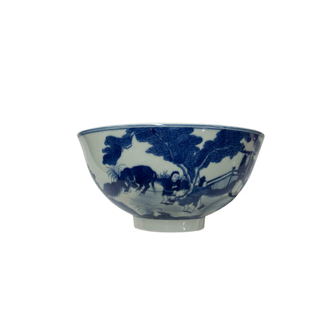 Chinese Blue White People Scenery Graphic Porcelain Bowl Display Art jk284S