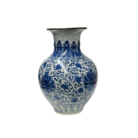 Orient Off White Crackle Blue Floral Pattern Pottery Ceramic Vase JK285S