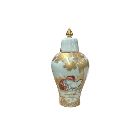 Oriental White Porcelain Golden Tree Horses Graphic Delicate Art Jar JK290S