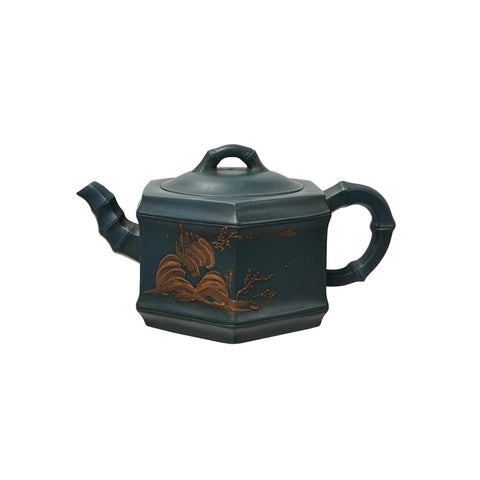 Vintage Chinese Gray Blue Hexagonal Bamboo Theme Zisha Clay Teapot Art Display JK298S