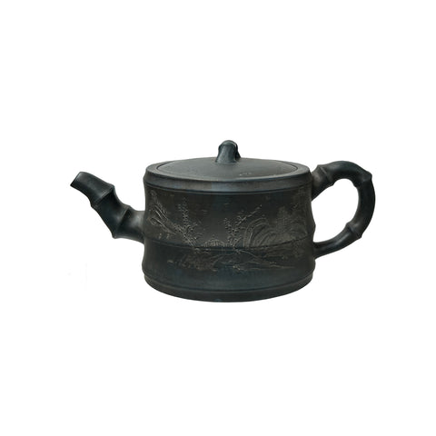 Vintage Chinese Gray Blue Round Shape Bamboo Theme Zisha Clay Teapot Art Display JK299S