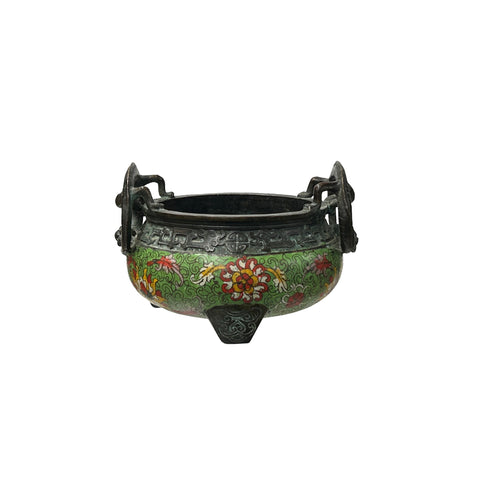 Vintage Light Green  Enamel Metal Round Ding Shape Incense Burner Display Art JK305S