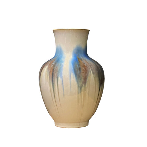 Blue Light Brown Tan White Strips Ceramic Round Large Vase