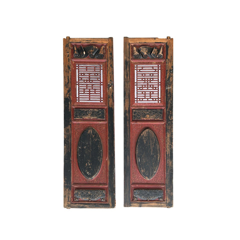 Pair Vintage Chinese Red Black Fujian Style Carving Wood Wall Door Panels ws3659S