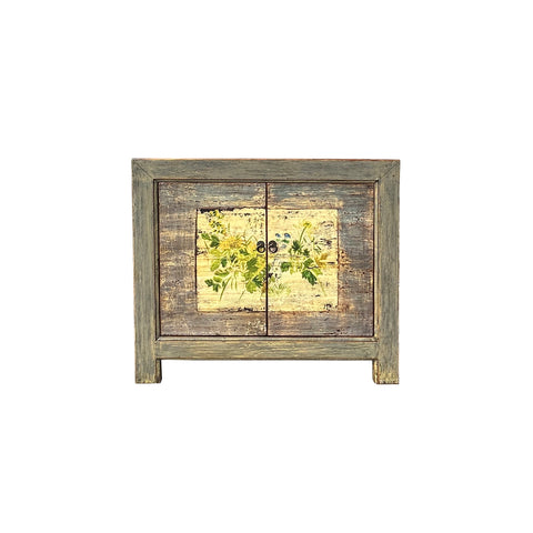 Distressed Grey Flower Bird Graphic Credenza Sideboard Console Cabinet ws4431S