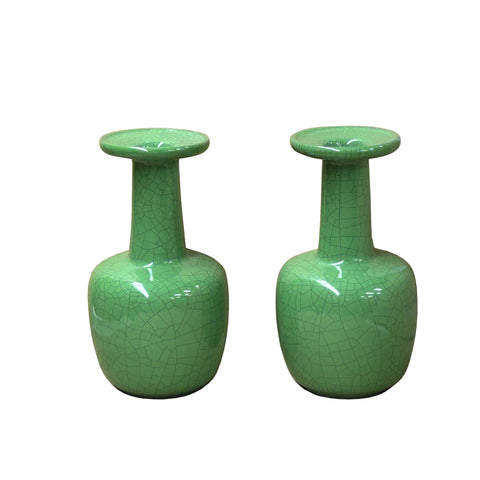 Pair Orient Crackle Pattern Verdant Green Color Pottery Ceramic Vases ws4701P
