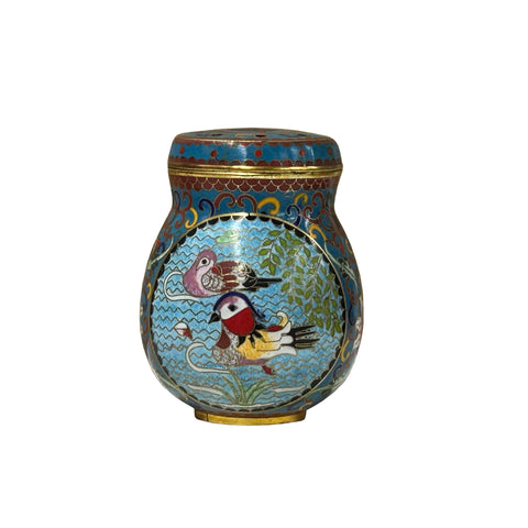 Teal Turquoise Metal Cloisonné Birds Flower Enamel Round Box Jar ws4702S