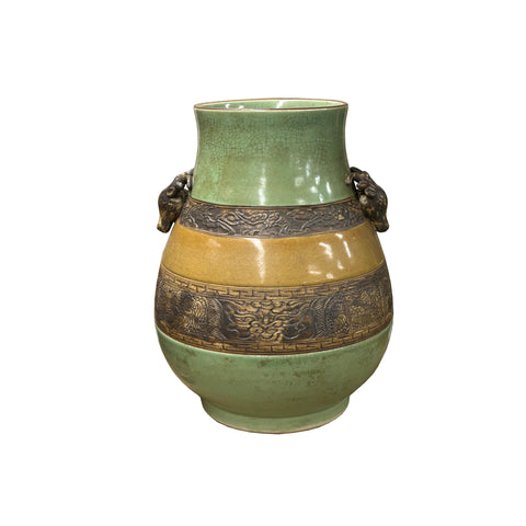 Orient Crackle Green Dragon Motif Ram Heads Artistic Pottery Ceramic Vase ws4706S