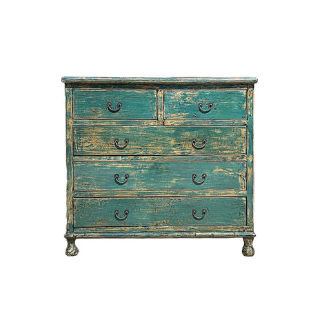 Distressed Teal Blue Green 5 Drawers Credenza Storage Sideboard Cabinet ws4709S
