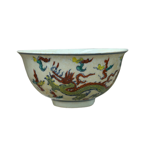 Chinese Off White Color Dragon Graphic Porcelain Bowl Display Art ws4719S
