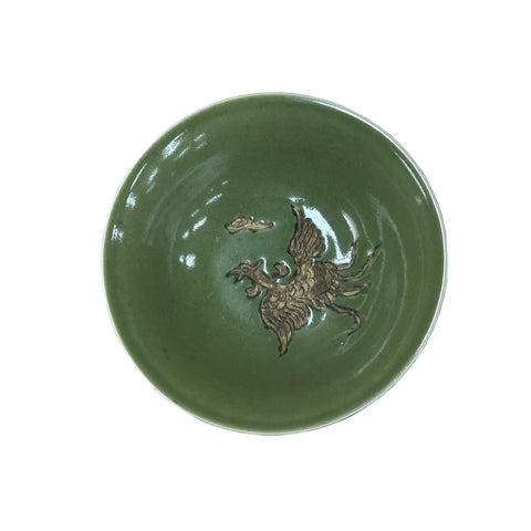 Chinese Celadon Green Color Phoenix Graphic Ceramic Bowl Display Art ws4720S