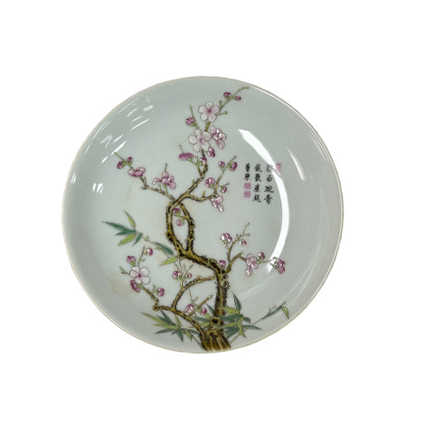 Chinese Pink Blossom Flower White Porcelain Plate Display Art ws4722S