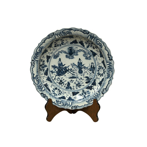 Chinese Blue White People Riding Horse Round Porcelain Display Plate ws4723S