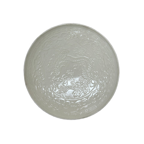 Chinese Relief Dragon Motif White Ceramic Bowl Plate Display Art ws4724S