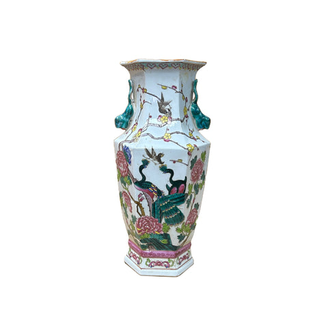Oriental Hexagonal Floral Peacocks Graphic Porcelain Art Vase ws4733S