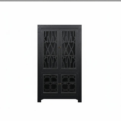 Distressed Black Latticework Glass Doors China Bookcase Cabinet Hutch ws4752S