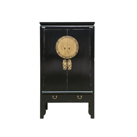 Chinese Oriental Black Moon Face Tall Wedding Armoire Cabinet ws4753S