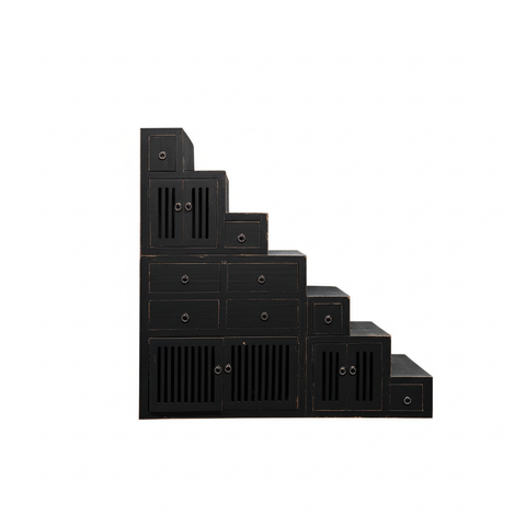 Distressed Black Triangle Step Tansu Storage Cabinet Display Room Divider ws4760S