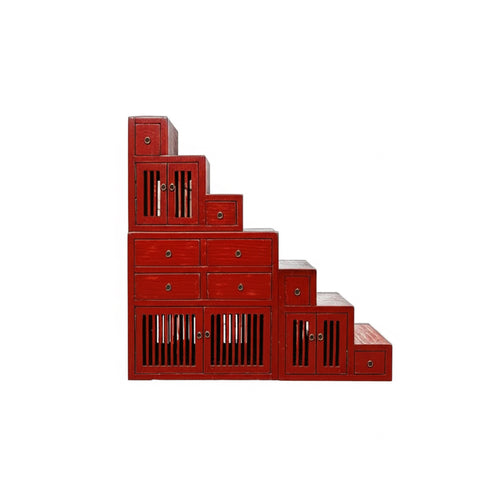 Distressed Red Triangle Step Tansu Storage Cabinet Display Room Divider ws4755S
